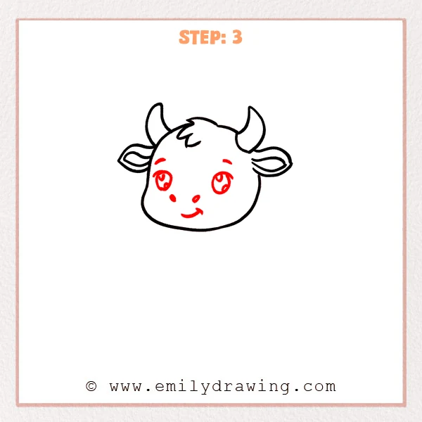 how to draw a cartoon bull - Cartoon bull head with facial features added, including large sparkling eyes, small eyebrows, nostrils, a curved smile, and cheek dots.